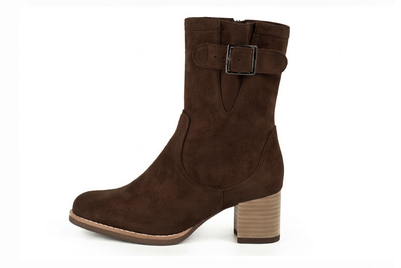 Classic leather ankle boots featuring adjustable side buckles and sleek hardware for secure support and timeless everyday style, in dark brown leather with round toe and mid block heel - Florence KOOIJMAN